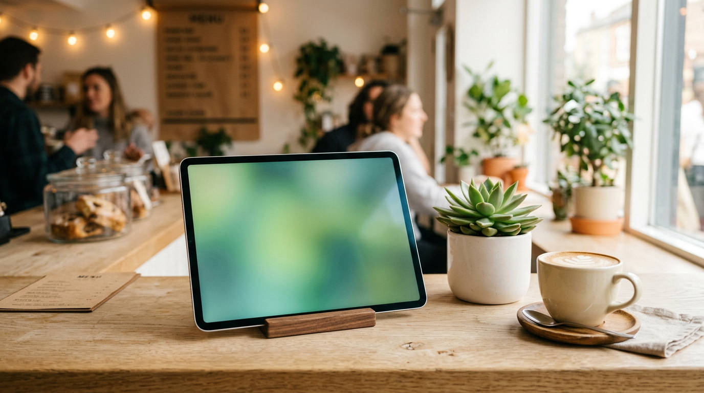 Ilustrasi foto: tablet di meja kafe (bukan screenshot halaman web)